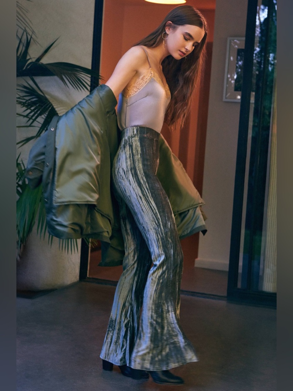Kimchi Blue Olive Green Velvet Flare Pants
